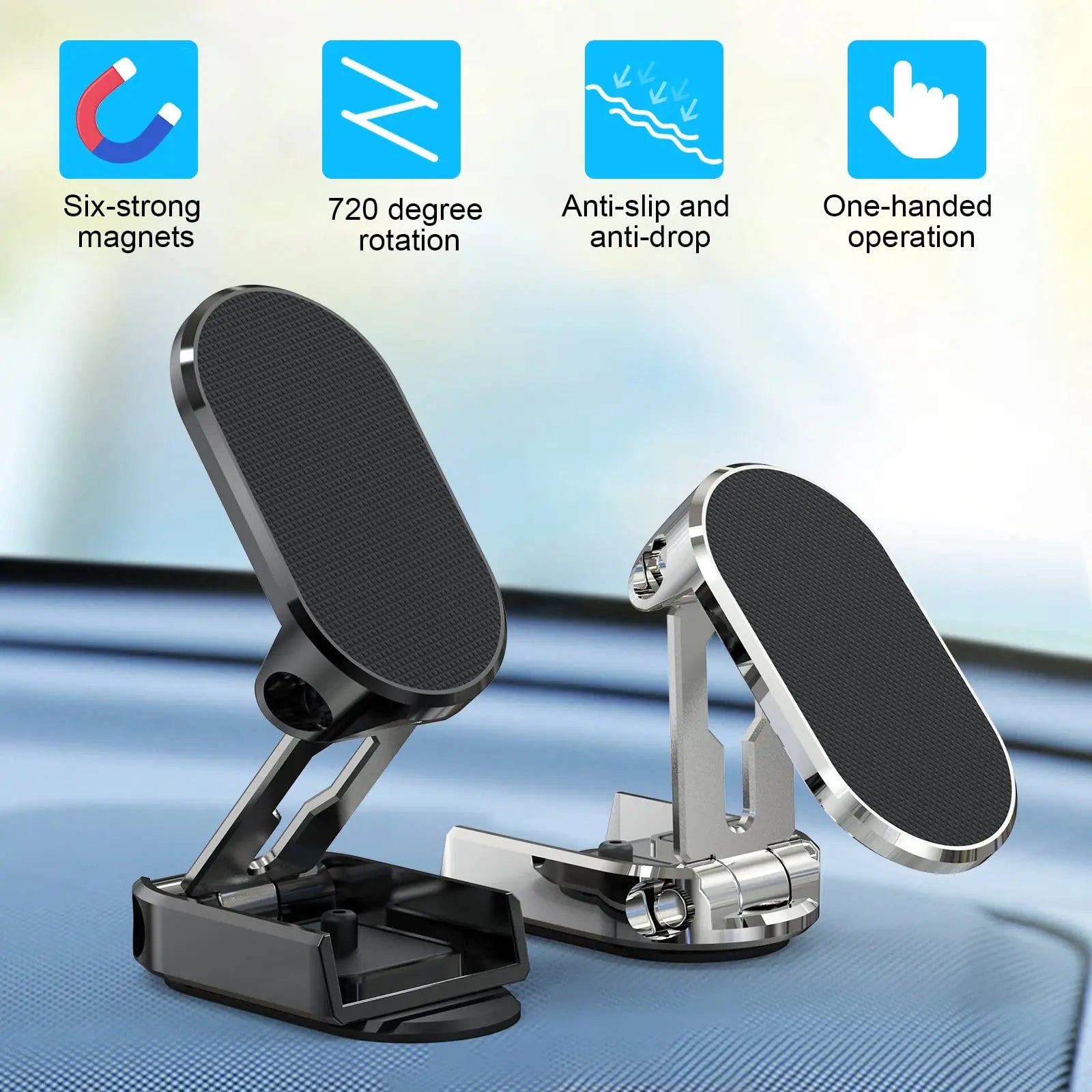 Metal Magnetic Car Mobile Phone Holder Folding Magnet Cell Phone Stand in Car GPS Support for Iphone Xiaomi 360° Rotatable Moun